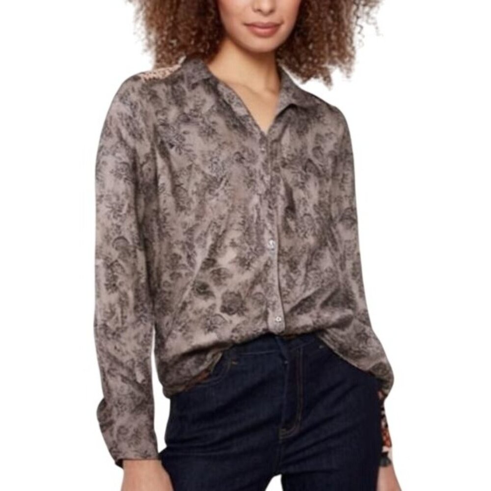 About A Girl Women’s Button-Down Roll Tab Long Sleeve Floral Gray Blouse Large